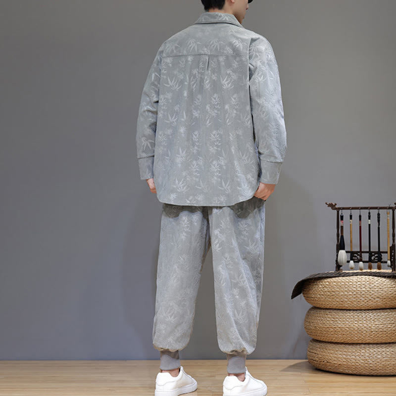 Ensemble veste et pantalon en velours côtelé de coton épais en bambou, manches longues, poches, avec boutons brandebourg, motif Buddha Stones (2 pièces). - image 11