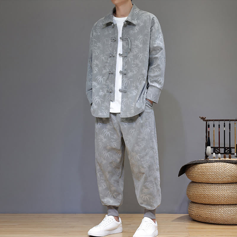 Ensemble veste et pantalon en velours côtelé de coton épais en bambou, manches longues, poches, avec boutons brandebourg, motif Buddha Stones (2 pièces). - image 14