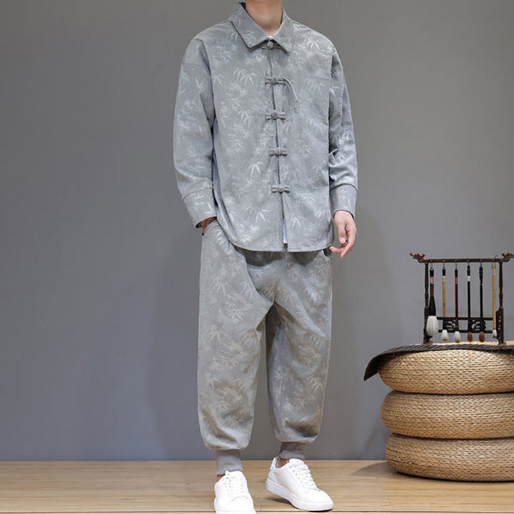 Ensemble veste et pantalon en velours côtelé de coton épais en bambou, manches longues, poches, avec boutons brandebourg, motif Buddha Stones (2 pièces). - image 13