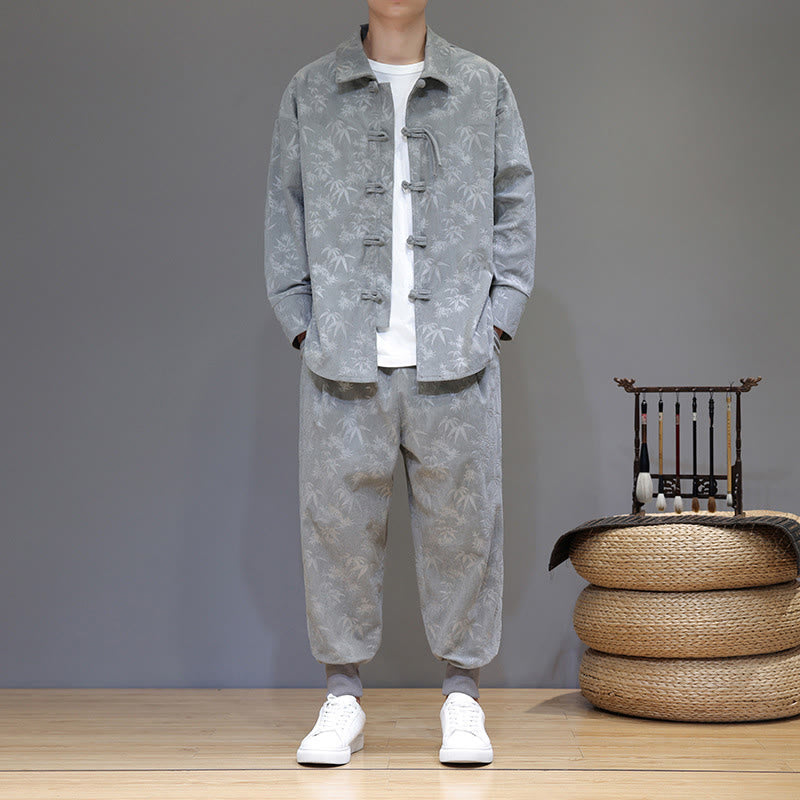 Ensemble veste et pantalon en velours côtelé de coton épais en bambou, manches longues, poches, avec boutons brandebourg, motif Buddha Stones (2 pièces). - image 12