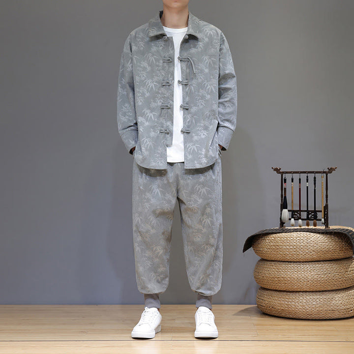 Ensemble veste et pantalon en velours côtelé de coton épais en bambou, manches longues, poches, avec boutons brandebourg, motif Buddha Stones (2 pièces). - image 12