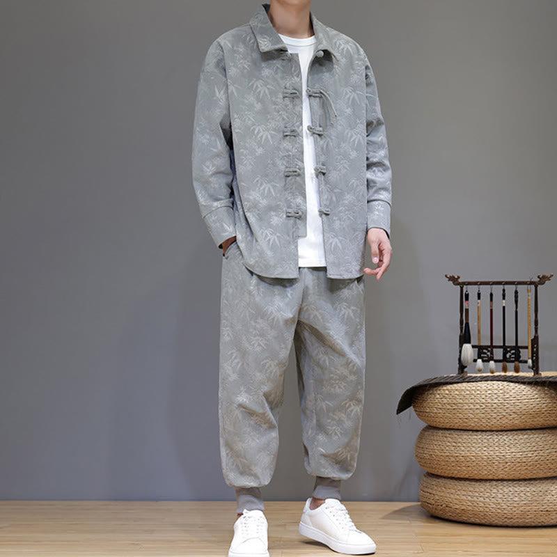 Ensemble veste et pantalon en velours côtelé de coton épais en bambou, manches longues, poches, avec boutons brandebourg, motif Buddha Stones (2 pièces). - image 15