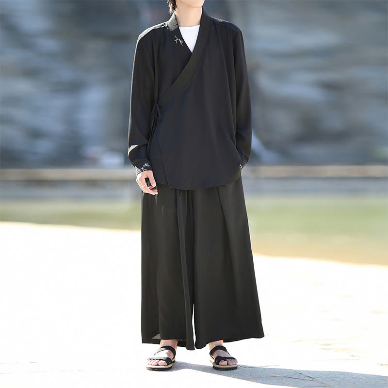 Ensemble kimono d'automne 2 pièces en coton brodé de bambou et laçage, avec pantalon longueur cheville et poches, orné de Buddha Stones. Vêtement de méditation pour homme. - Noir - US/UK/AU46，EU56 (5XL) - image 0