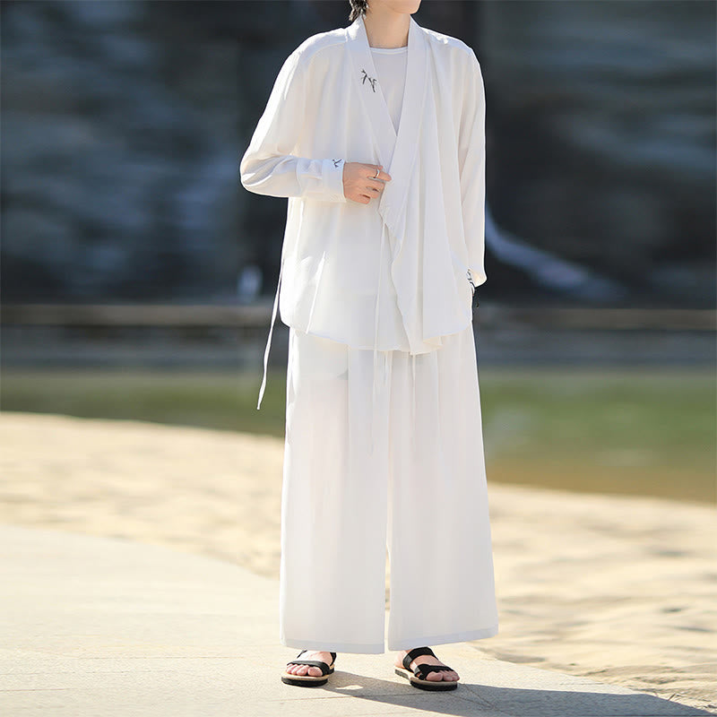 Ensemble kimono d'automne 2 pièces en coton brodé de bambou et laçage, avec pantalon longueur cheville et poches, orné de Buddha Stones. Vêtement de méditation pour homme. - Blanc - US/UK/AU46，EU56 (5XL) - image 7