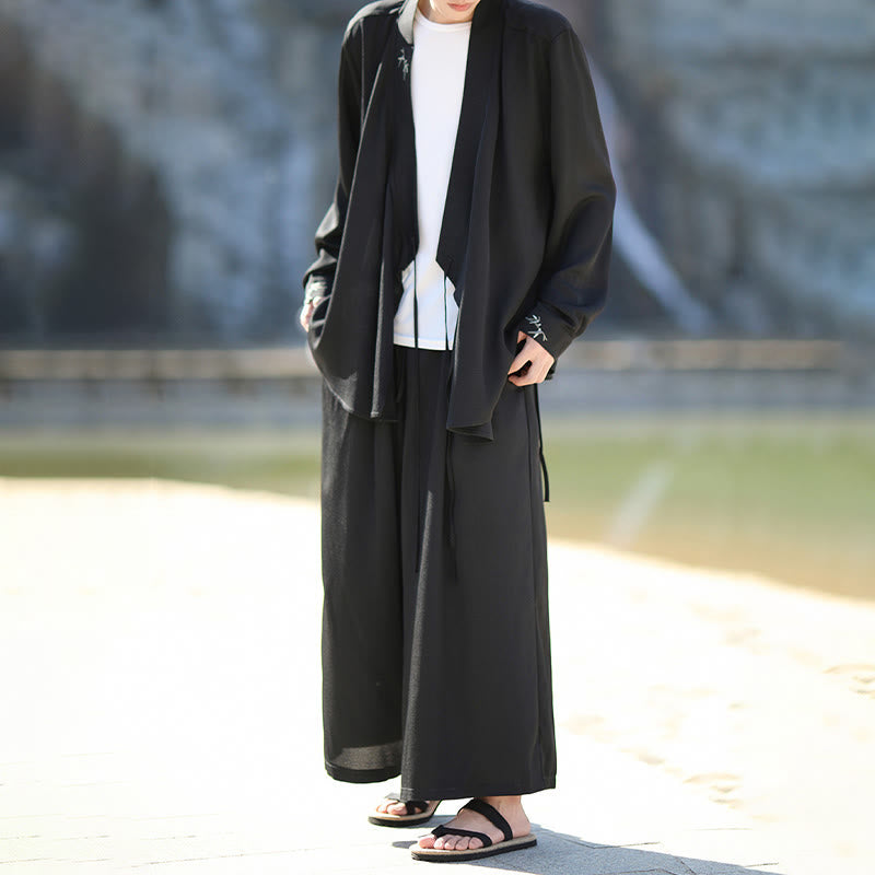 Ensemble kimono d'automne 2 pièces en coton brodé de bambou et laçage, avec pantalon longueur cheville et poches, orné de Buddha Stones. Vêtement de méditation pour homme. - image 1