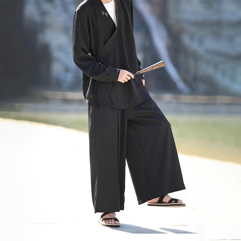 Ensemble kimono d'automne 2 pièces en coton brodé de bambou et laçage, avec pantalon longueur cheville et poches, orné de Buddha Stones. Vêtement de méditation pour homme. - image 3