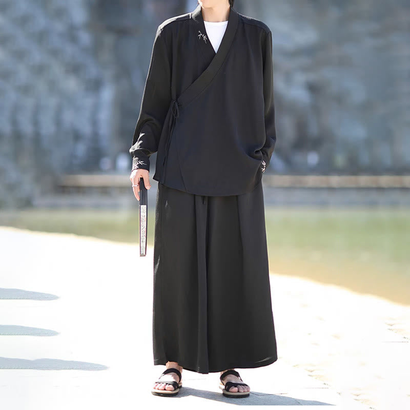 Ensemble kimono d'automne 2 pièces en coton brodé de bambou et laçage, avec pantalon longueur cheville et poches, orné de Buddha Stones. Vêtement de méditation pour homme. - image 2
