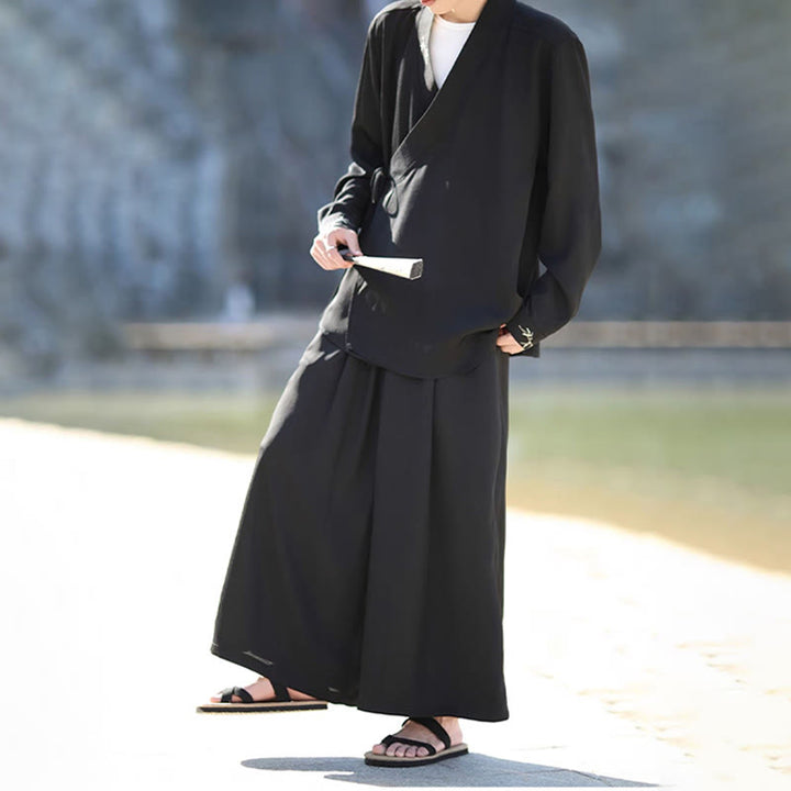Ensemble kimono d'automne 2 pièces en coton brodé de bambou et laçage, avec pantalon longueur cheville et poches, orné de Buddha Stones. Vêtement de méditation pour homme. - image 5