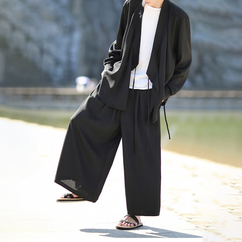 Ensemble kimono d'automne 2 pièces en coton brodé de bambou et laçage, avec pantalon longueur cheville et poches, orné de Buddha Stones. Vêtement de méditation pour homme. - image 4