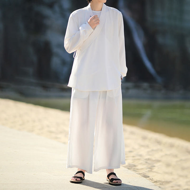 Ensemble kimono d'automne 2 pièces en coton brodé de bambou et laçage, avec pantalon longueur cheville et poches, orné de Buddha Stones. Vêtement de méditation pour homme. - image 8