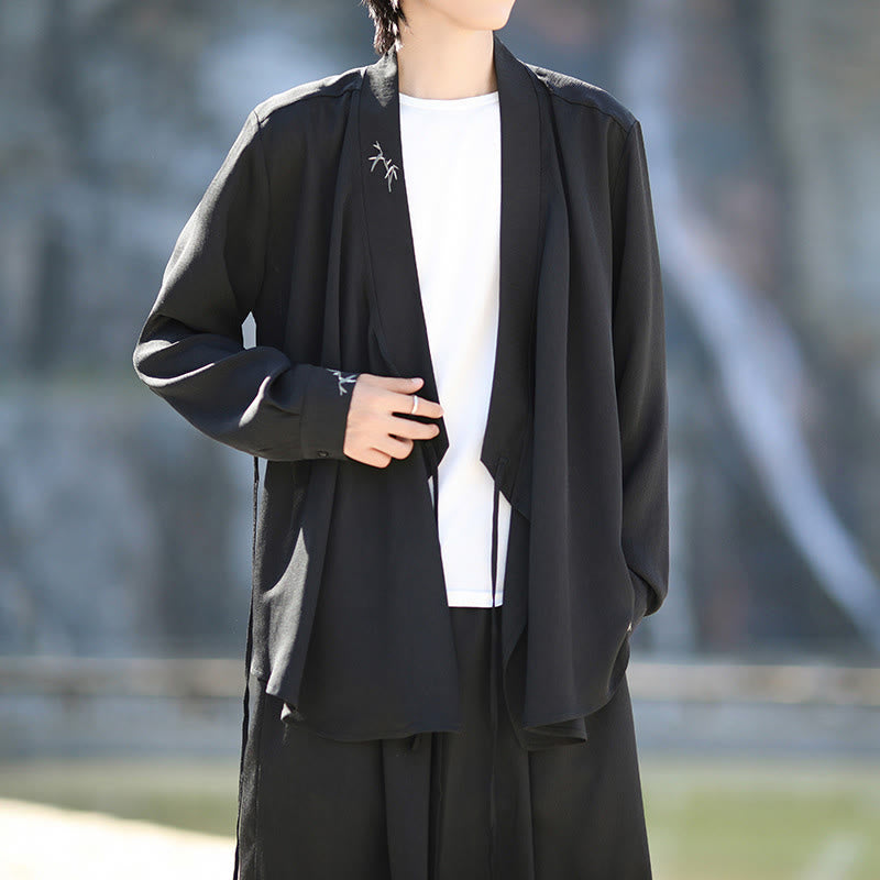 Ensemble kimono d'automne 2 pièces en coton brodé de bambou et laçage, avec pantalon longueur cheville et poches, orné de Buddha Stones. Vêtement de méditation pour homme. - image 6