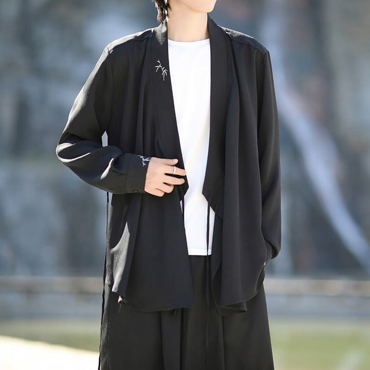 Ensemble kimono d'automne 2 pièces en coton brodé de bambou et laçage, avec pantalon longueur cheville et poches, orné de Buddha Stones. Vêtement de méditation pour homme. - image 6