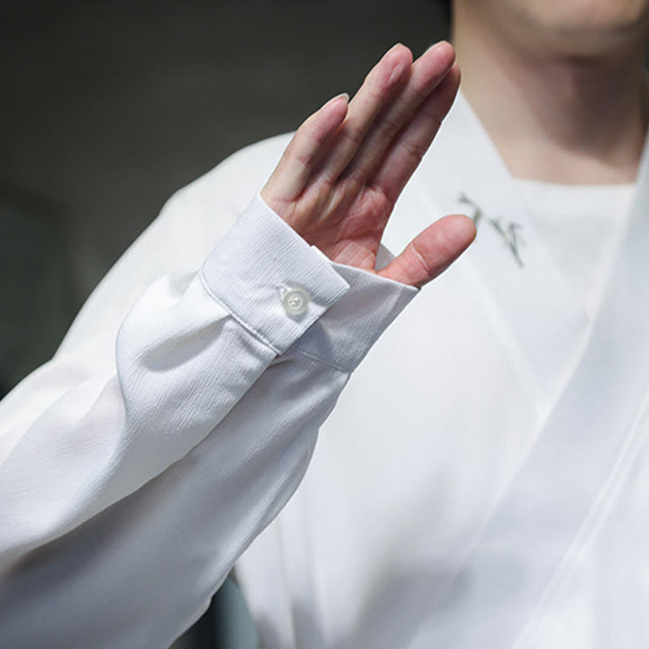 Ensemble kimono d'automne 2 pièces en coton brodé de bambou et laçage, avec pantalon longueur cheville et poches, orné de Buddha Stones. Vêtement de méditation pour homme. - image 17