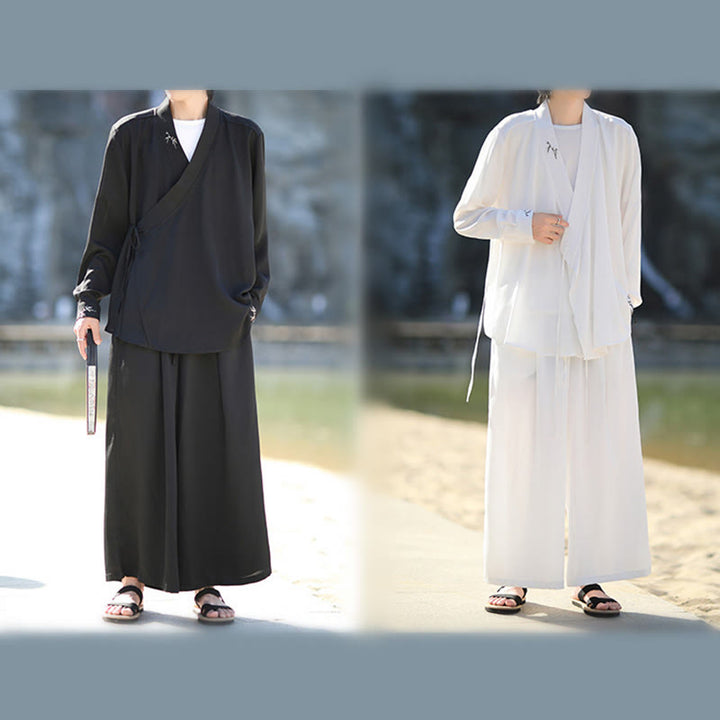 Ensemble kimono d'automne 2 pièces en coton brodé de bambou et laçage, avec pantalon longueur cheville et poches, orné de Buddha Stones. Vêtement de méditation pour homme. - image 19