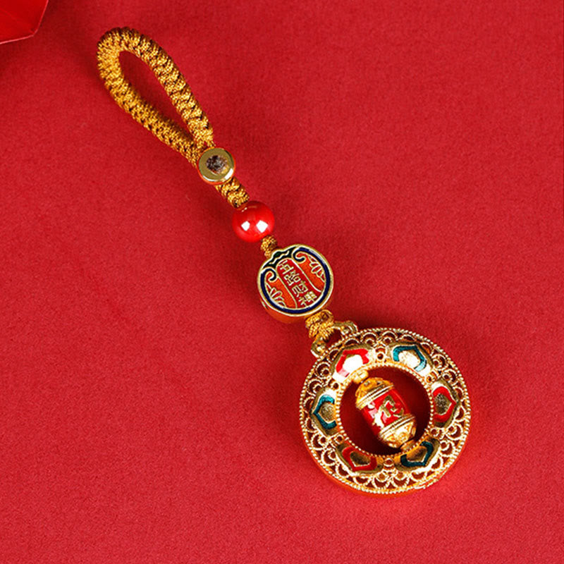 Moulin à prières en cuivre avec Buddha Stones, cinq directions, dieux de la richesse, porte-clés rotatif - Les cinq directions, dieux de la richesse - Corde à boutons - image 0