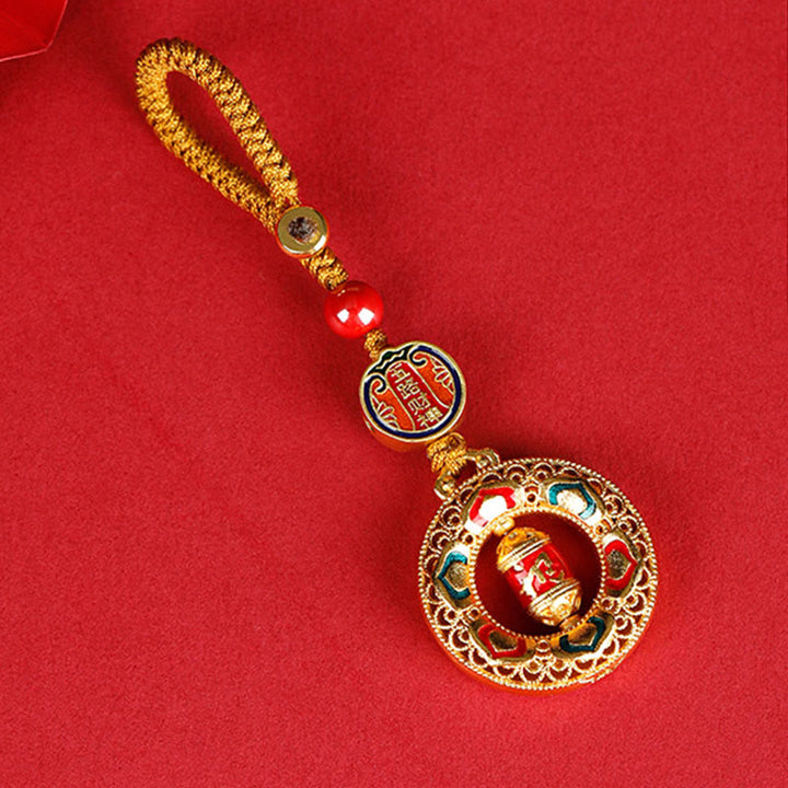 Moulin à prières en cuivre avec Buddha Stones, cinq directions, dieux de la richesse, porte-clés rotatif - Les cinq directions, dieux de la richesse - Corde à boutons - image 0