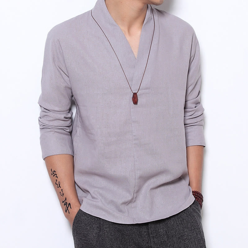 Chemise décontractée à manches longues et col en V avec Buddha Stones en lin pour hommes - Gainsboro - US/UK/AU44，EU54 (5XL) - image 0