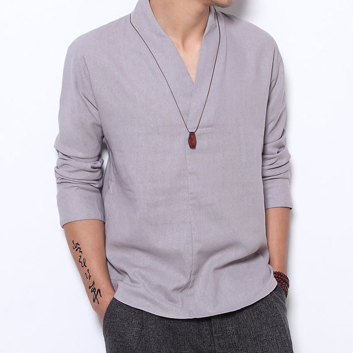 Chemise décontractée à manches longues et col en V avec Buddha Stones en lin pour hommes - Gainsboro - US/UK/AU44，EU54 (5XL) - image 0