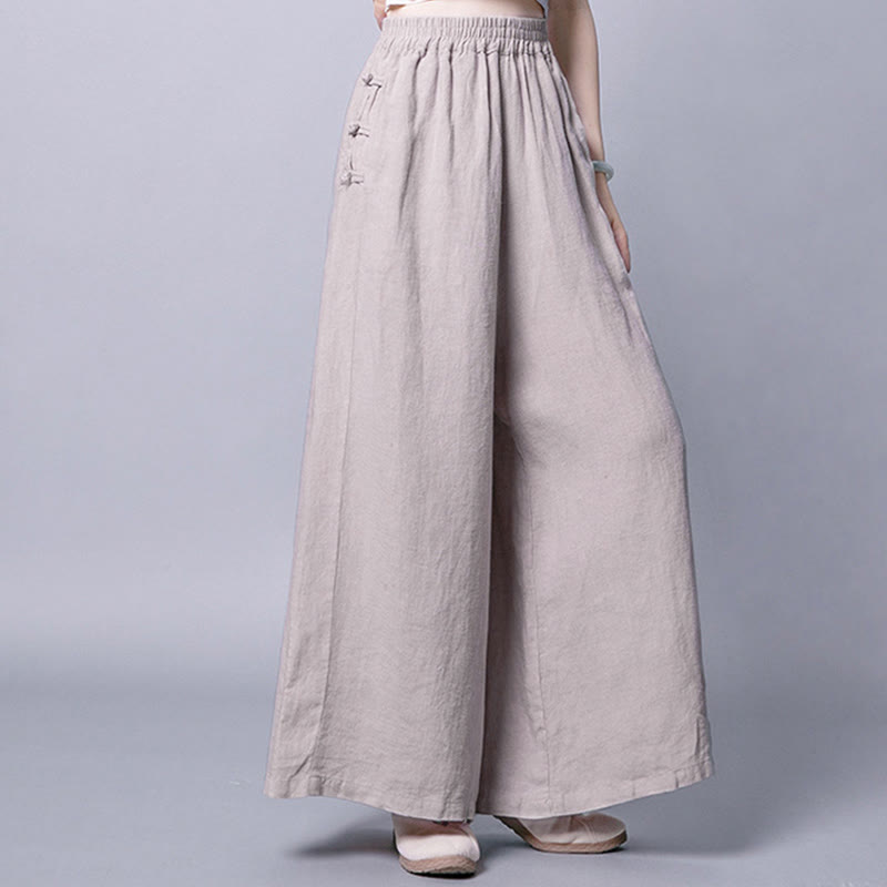 Pantalon décontracté à taille haute et jambes larges, orné de boutons grenouille et de poches , de la Buddha Stones - image 1