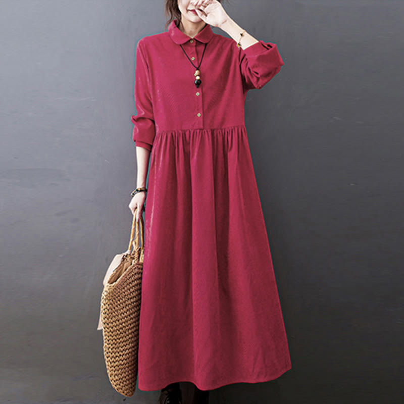 Robe midi en velours côtelé à manches longues et poches, ornée de boutons et de Buddha Stones - Rouge - US8-10，UK/AU12-14，EU40-42 (2XL) - image 9