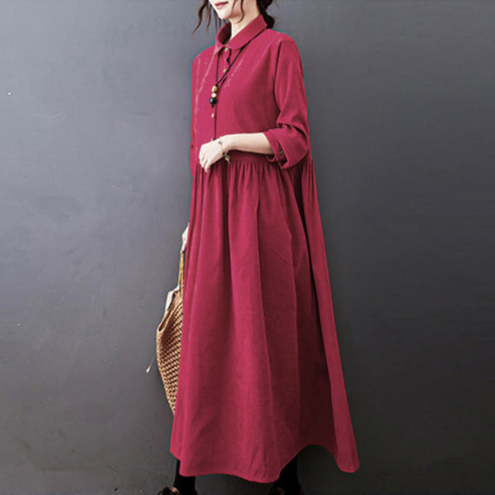Robe midi en velours côtelé à manches longues et poches, ornée de boutons et de Buddha Stones - image 13
