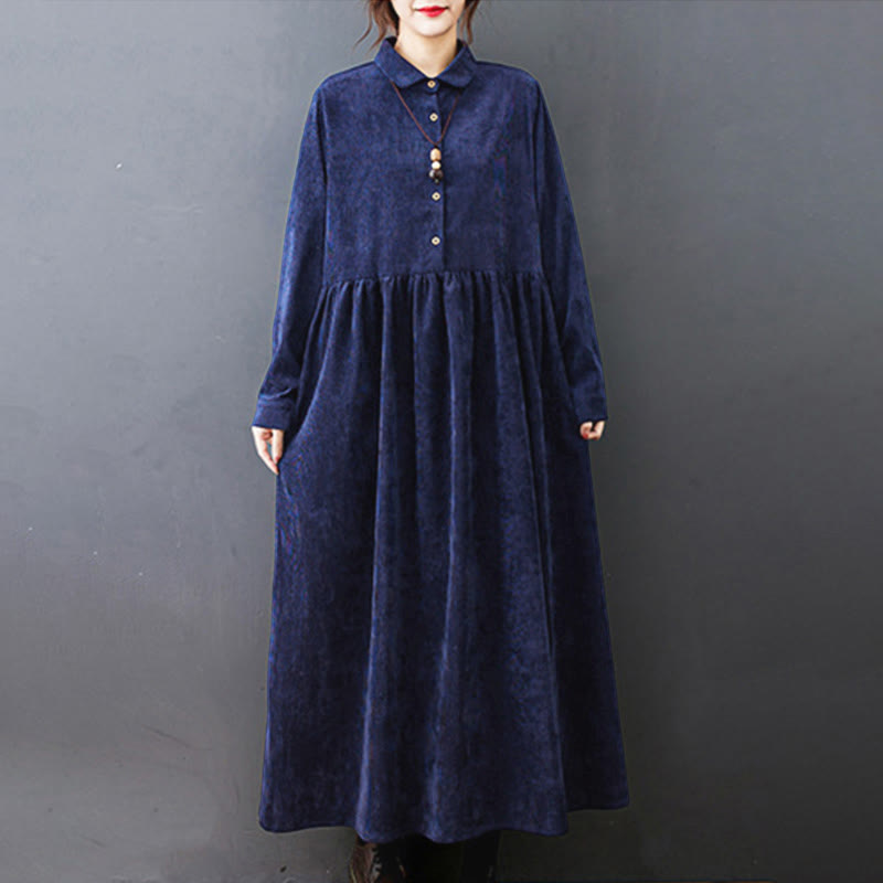 Robe midi en velours côtelé à manches longues et poches, ornée de boutons et de Buddha Stones - image 23