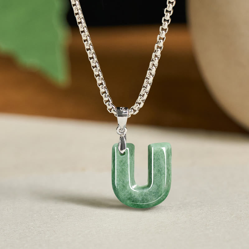 Collier pendentif en jade naturel avec lettre AZ et chaîne large en acier titane, symbole de prospérité, Buddha Stones' un pendentif en forme de lettre AZ. - U - image 29