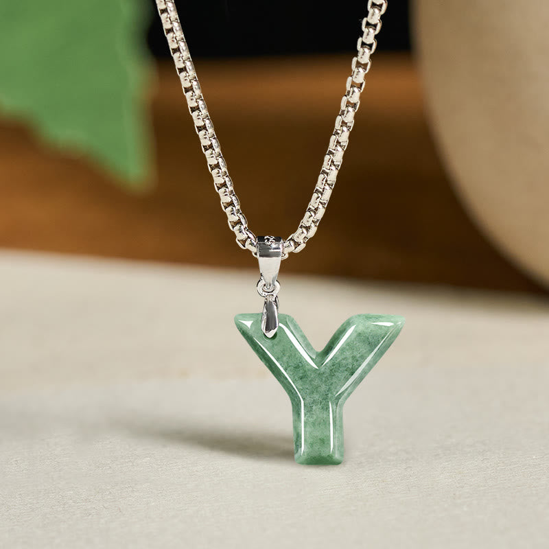 Collier pendentif en jade naturel avec lettre AZ et chaîne large en acier titane, symbole de prospérité, Buddha Stones' un pendentif en forme de lettre AZ. - Y - image 33
