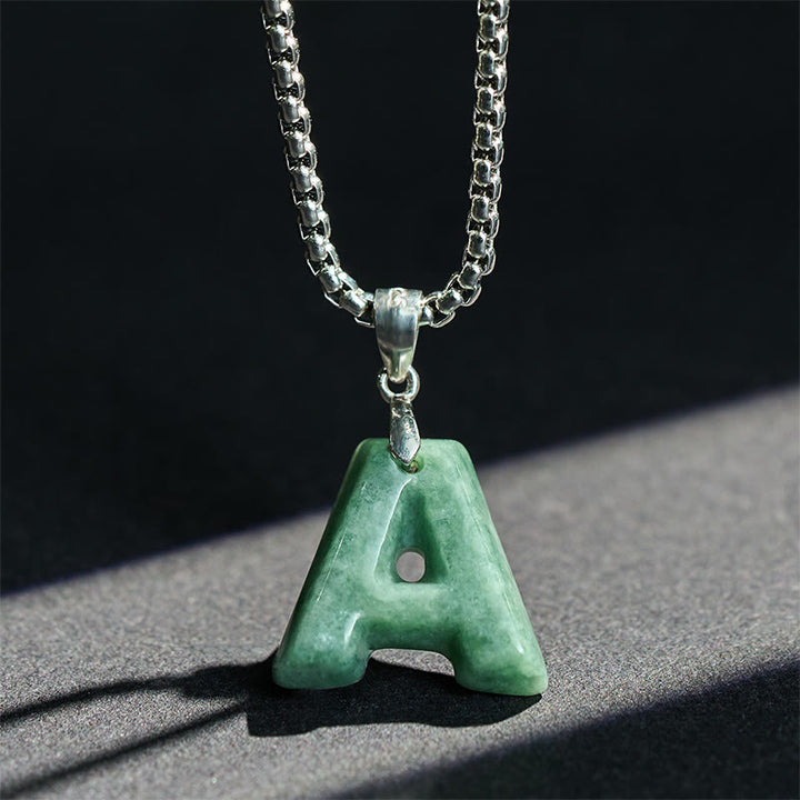 Collier pendentif en jade naturel avec lettre AZ et chaîne large en acier titane, symbole de prospérité, Buddha Stones' un pendentif en forme de lettre AZ. - image 3