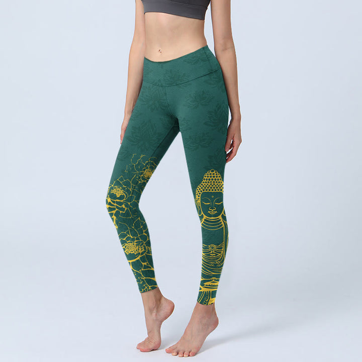 Leggings de sport pour femmes avec motif de lotus et Buddha Stones - Vert foncé - US18，UK/AU22，EU50 (4XL) - image 0
