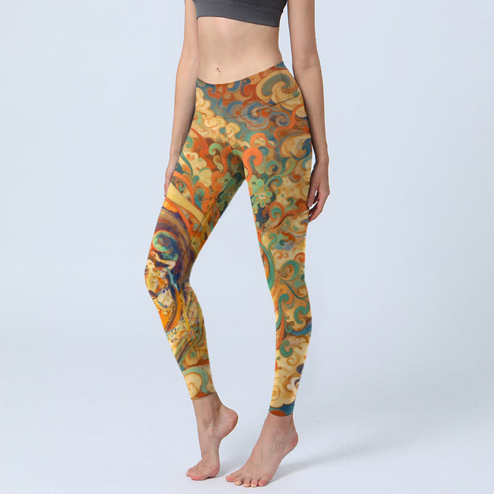 Leggings de sport pour femmes avec imprimé de magnifiques motifs de nuages ​​féeriques et de Buddha Stones - Or - US18，UK/AU22，EU50 (4XL) - image 0