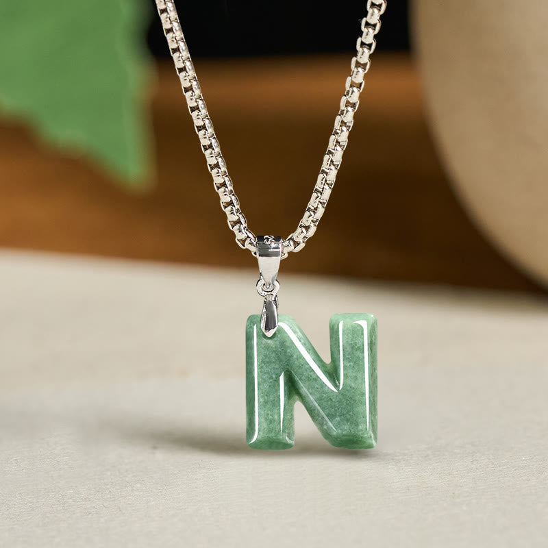 Collier pendentif en jade naturel avec lettre AZ et chaîne large en acier titane, symbole de prospérité, Buddha Stones' un pendentif en forme de lettre AZ. - N - image 22