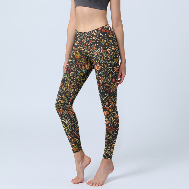 Leggings de sport pour femmes avec imprimé floral et de feuilles en forme de Buddha Stones - Noir - US18，UK/AU22，EU50 (4XL) - image 0