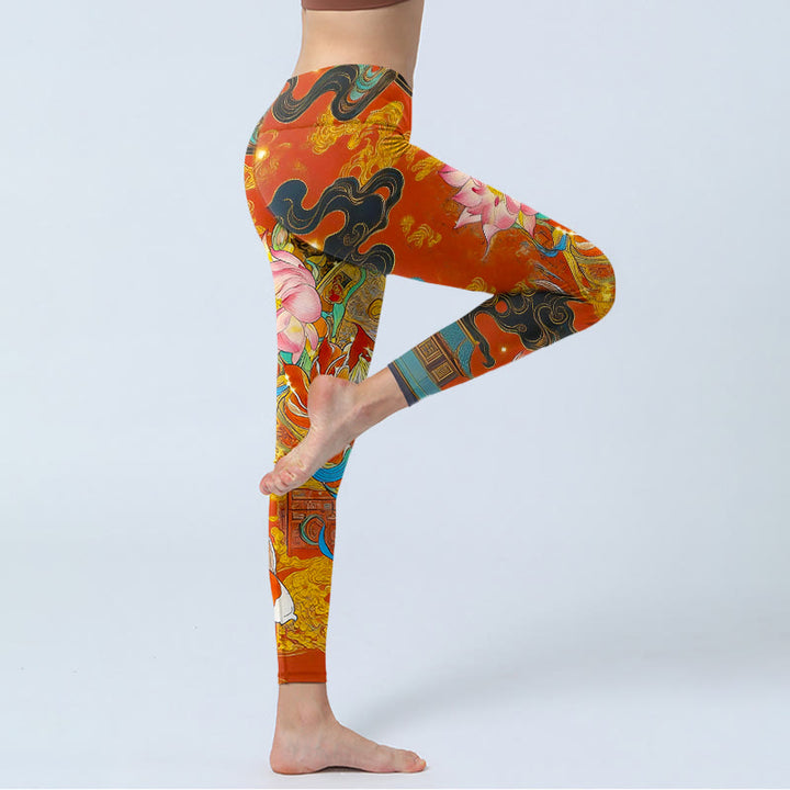 Leggings de sport pour femmes, imprimé motif Buddha Stones , carpes koï, lotus et nuages. - image 3