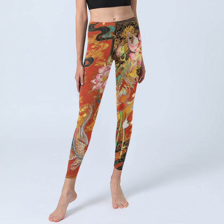 Leggings de sport pour femmes, imprimé motif Buddha Stones , carpes koï, lotus et nuages. - image 5
