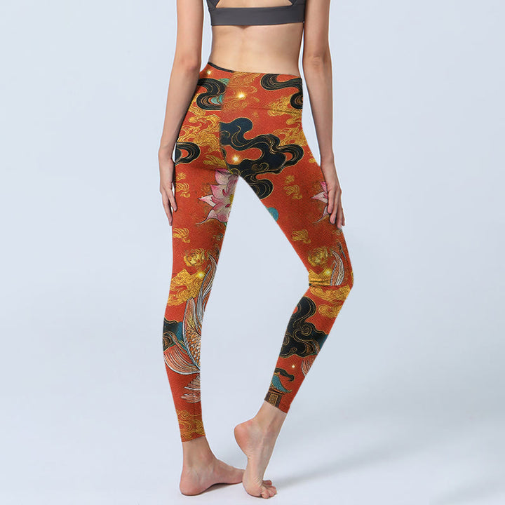 Leggings de sport pour femmes, imprimé motif Buddha Stones , carpes koï, lotus et nuages. - image 4