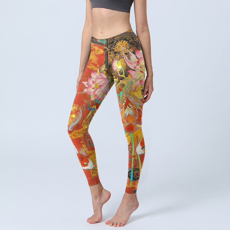 Leggings de sport pour femmes, imprimé motif Buddha Stones , carpes koï, lotus et nuages. - Tomate - US18，UK/AU22，EU50 (4XL) - image 0