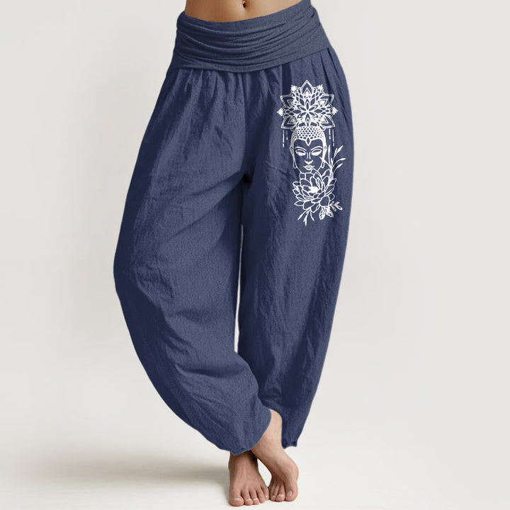 Pantalon harem pour femme en pur coton avec motif lotus et image simple de Bouddha, orné de Buddha Stones. Taille élastique. - Bleu ardoise foncé - US16，UK/AU20，EU48 (3XL) - image 0