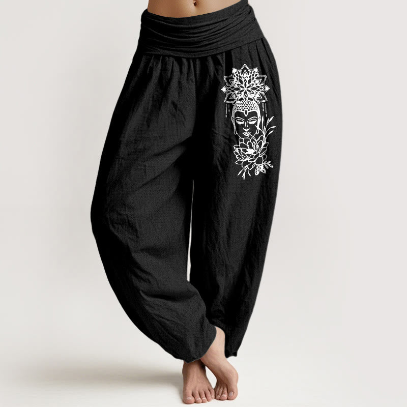 Pantalon harem pour femme en pur coton avec motif lotus et image simple de Bouddha, orné de Buddha Stones. Taille élastique. - Noir - US16，UK/AU20，EU48 (3XL) - image 5