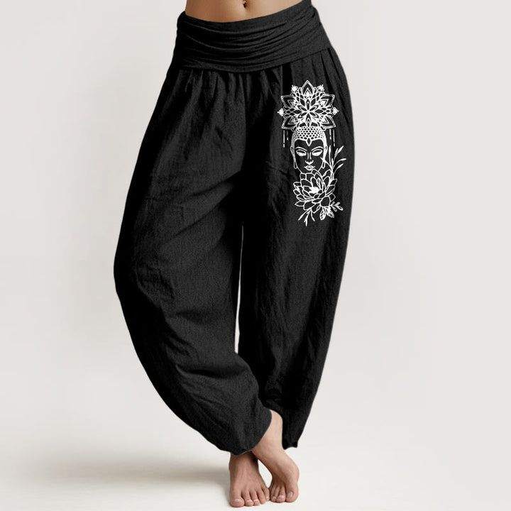Pantalon harem pour femme en pur coton avec motif lotus et image simple de Bouddha, orné de Buddha Stones. Taille élastique. - Noir - US16，UK/AU20，EU48 (3XL) - image 5