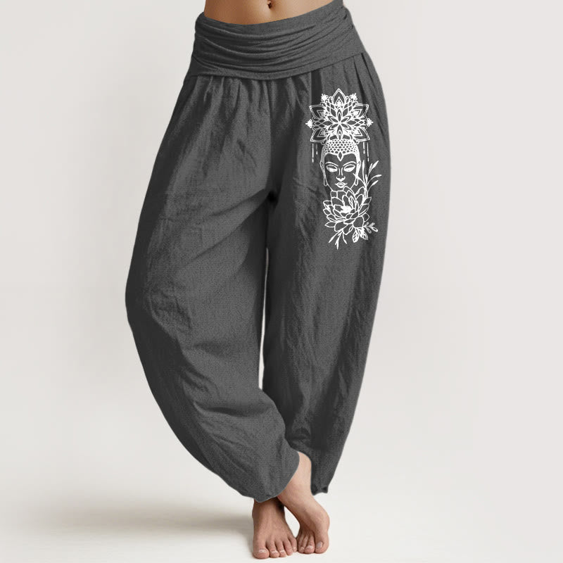 Pantalon harem pour femme en pur coton avec motif lotus et image simple de Bouddha, orné de Buddha Stones. Taille élastique. - Gris terne - US16，UK/AU20，EU48 (3XL) - image 8