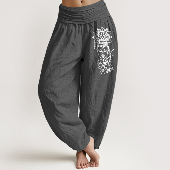 Pantalon harem pour femme en pur coton avec motif lotus et image simple de Bouddha, orné de Buddha Stones. Taille élastique. - Gris terne - US16，UK/AU20，EU48 (3XL) - image 8