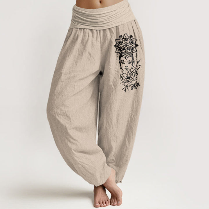 Pantalon harem pour femme en pur coton avec motif lotus et image simple de Bouddha, orné de Buddha Stones. Taille élastique. - Tanné - US16，UK/AU20，EU48 (3XL) - image 11