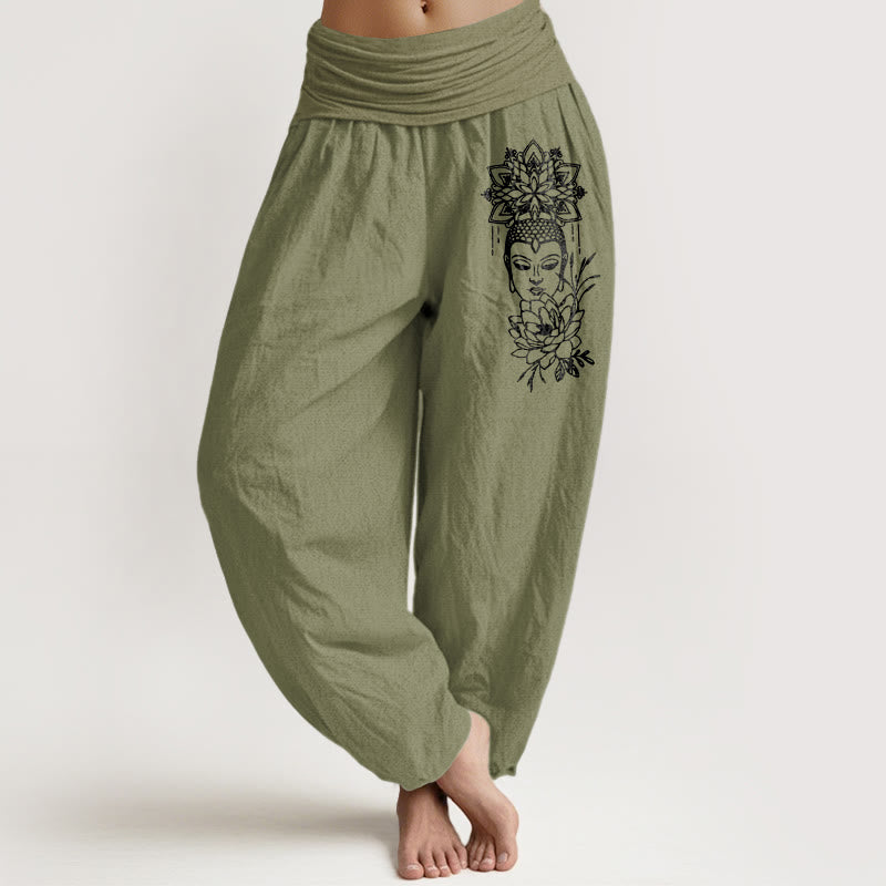 Pantalon harem pour femme en pur coton avec motif lotus et image simple de Bouddha, orné de Buddha Stones. Taille élastique. - Vert olive - US16，UK/AU20，EU48 (3XL) - image 14