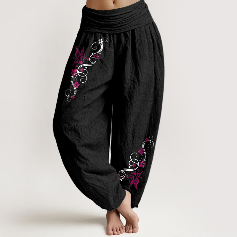 Pantalon harem pour femme en pur coton aux couleurs douces, motif papillons, fleurs et vigne, avec taille élastique, Buddha Stones. - Noir - US16，UK/AU20，EU48 (3XL) - image 0