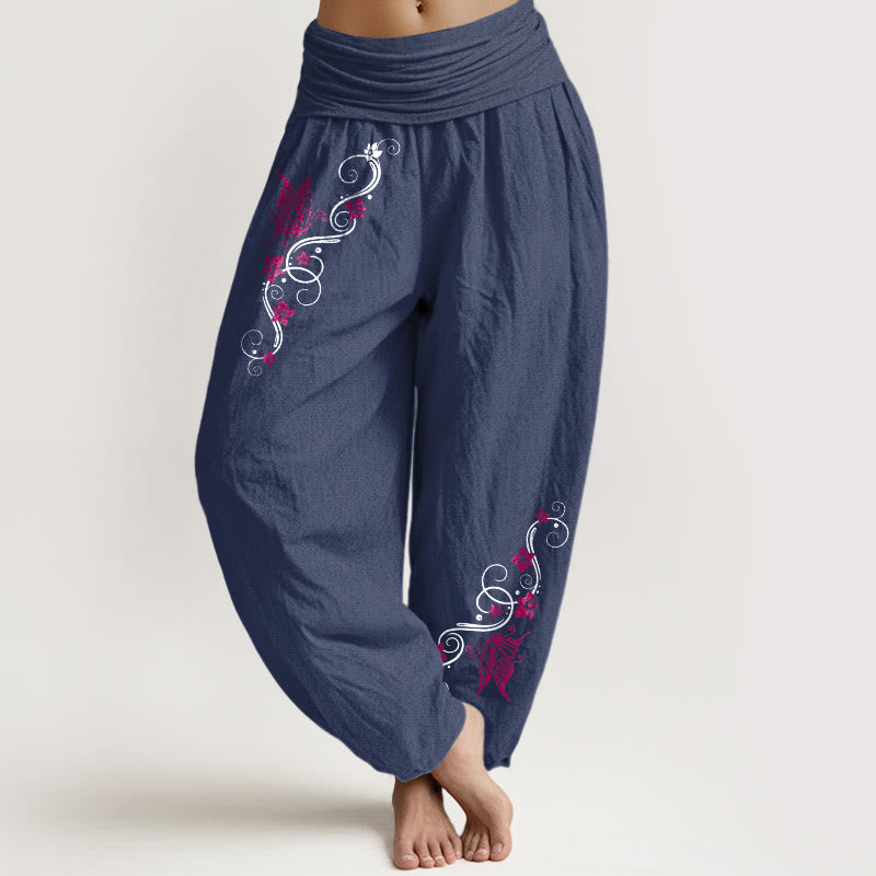 Pantalon harem pour femme en pur coton aux couleurs douces, motif papillons, fleurs et vigne, avec taille élastique, Buddha Stones. - Bleu ardoise foncé - US16，UK/AU20，EU48 (3XL) - image 5