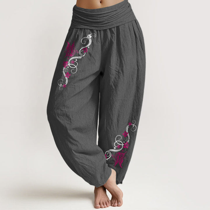 Pantalon harem pour femme en pur coton aux couleurs douces, motif papillons, fleurs et vigne, avec taille élastique, Buddha Stones. - Gris terne - US16，UK/AU20，EU48 (3XL) - image 8
