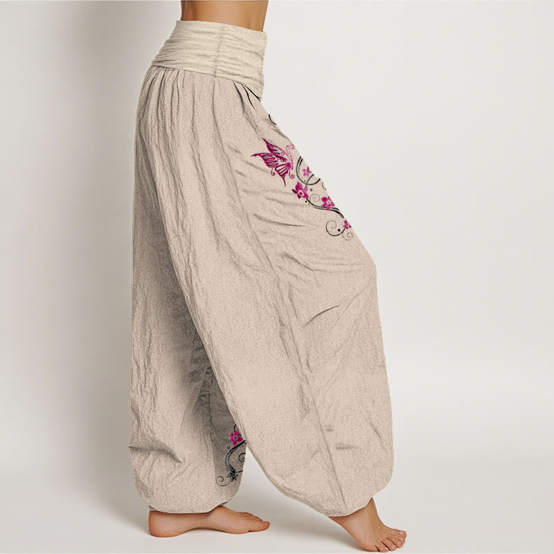 Pantalon harem pour femme en pur coton aux couleurs douces, motif papillons, fleurs et vigne, avec taille élastique, Buddha Stones. - image 13