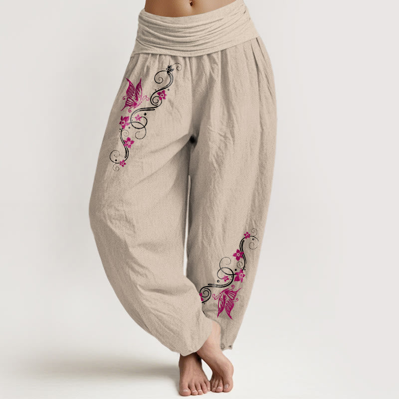 Pantalon harem pour femme en pur coton aux couleurs douces, motif papillons, fleurs et vigne, avec taille élastique, Buddha Stones. - Tanné - US16，UK/AU20，EU48 (3XL) - image 11