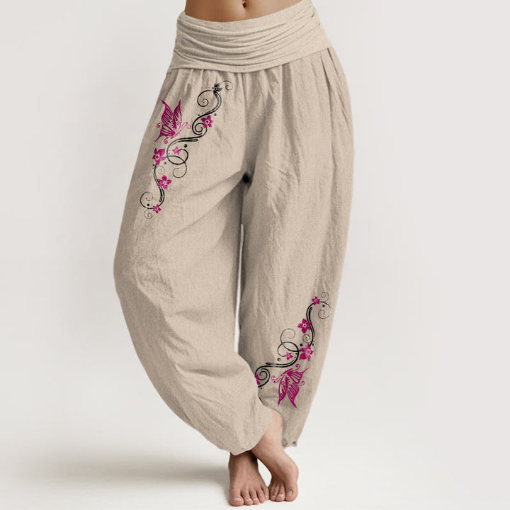 Pantalon harem pour femme en pur coton aux couleurs douces, motif papillons, fleurs et vigne, avec taille élastique, Buddha Stones. - Tanné - US16，UK/AU20，EU48 (3XL) - image 11
